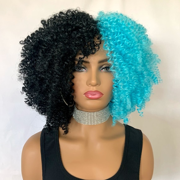 Curly Black & Pastel Blue Color Premium Fiber Wig for Events/Cosplay… - Picture 1 of 7